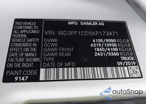 2019 Mercedes-Benz Sprinter 2500 High Roof V6 из США, поврежденный, VIN WD3PF1CD5KP173471